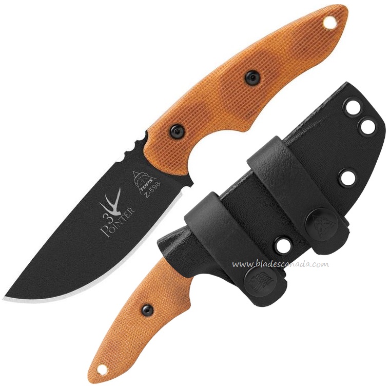 TOPS 3 Pointer Fixed Blade Knife, 1095 Carbon, Micarta Tan, Kydex Sheath, 3PR-02