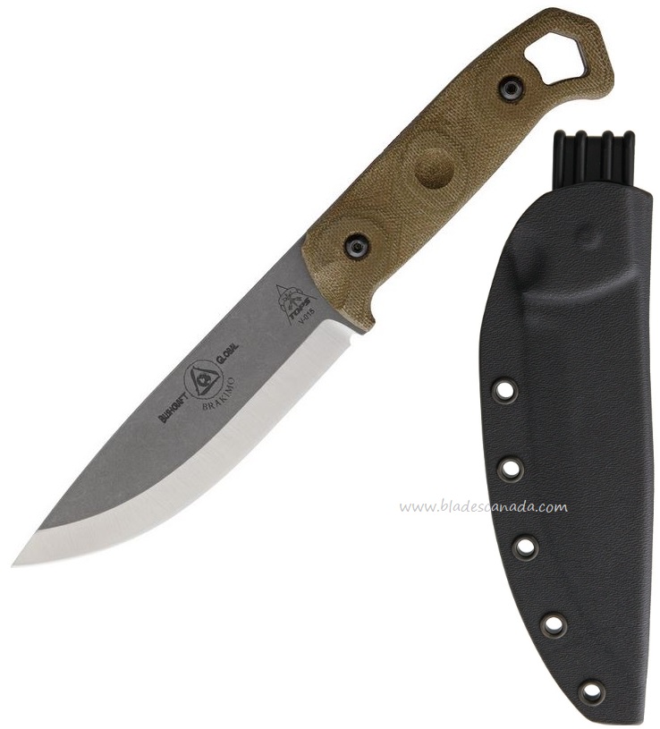 TOPS Brakimo Fixed Blade Knife, 1095 Carbon, Micarta, Kydex Sheath, BRAK-01