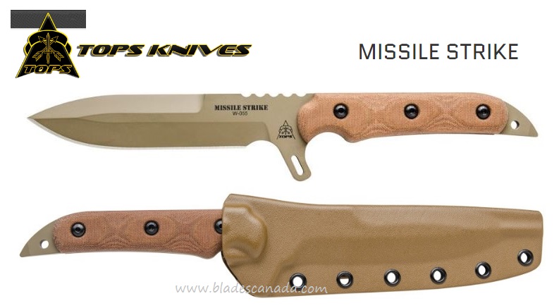 TOPS Missile Strike Fixed Blade Knife, 1095 Carbon, Kydex Sheath, MISS-01