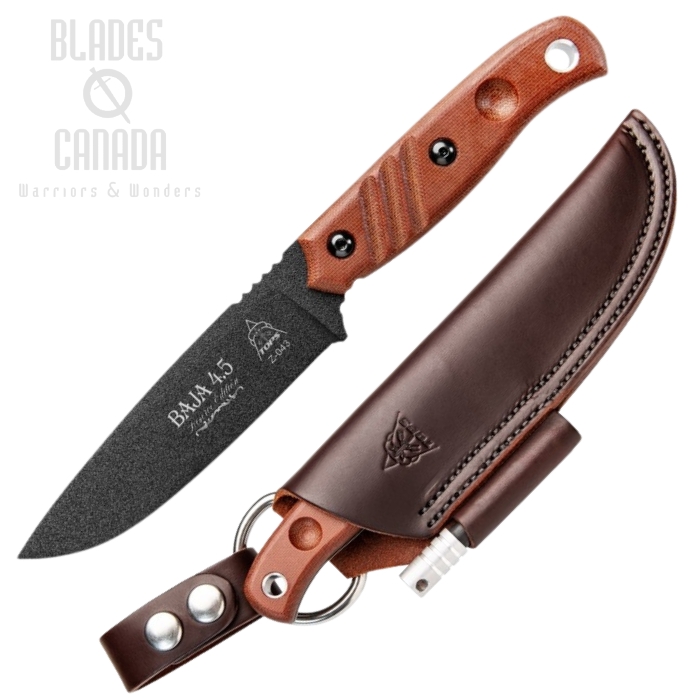 TOPS Baja 4.5 Knife, Reserve Edition, 1095 Carbon Black, Canvas Micarta, Leather Sheath, BAJA-4.5R