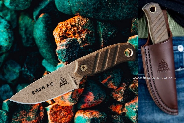 TOPS Baja 3.0 Fixed Blade Knife, 1095 Carbon, Micarta Green, Leather Sheath, BAJA03