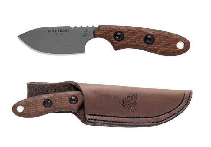 TOPS Bull Trout Fixed Blade Knife, 154CM, Micarta Brown, Leather Sheath, BLTT-01 - Click Image to Close