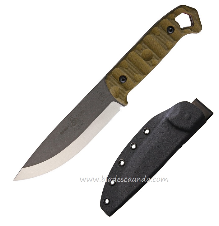 TOPS Brakimo Fixed Blade Knife, 1095 Carbon, Micarta Green, Kydex Sheath, BRAK-01RMT - Click Image to Close
