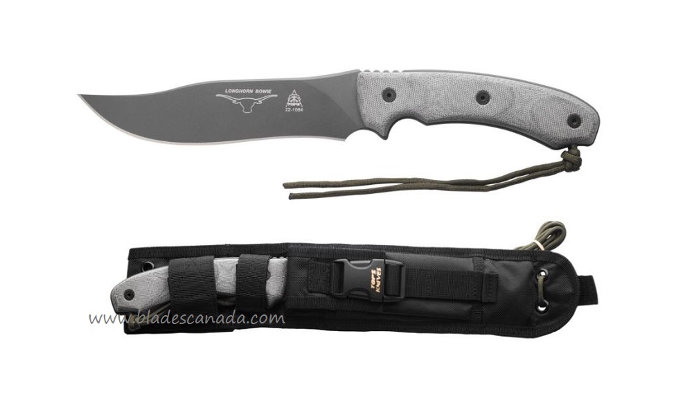 TOPS Longhorn Bowie, Sniper Gray 1095 Carbon, Black Canvas Micarta, MOLLE Sheath, LONGB-05