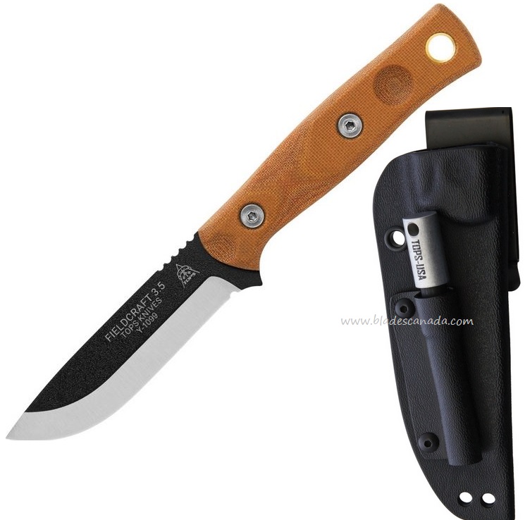 TOPS Fieldcraft 3.5 Mini Fixed Blade Knife, 1095 Carbon, Micarta, MBROS-01SF 90/FSPB