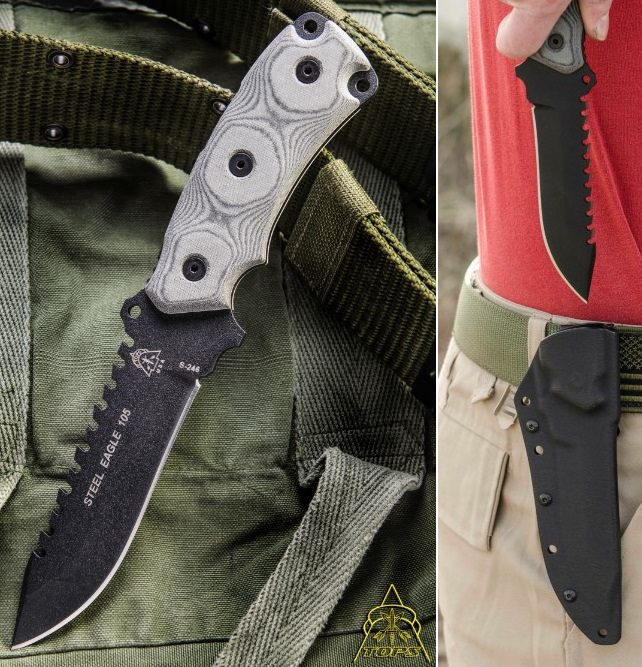 TOPS Steel Eagle Fixed Blade Knife, 1095 Carbon, Micarta, Kydex Sheath, SE105HP