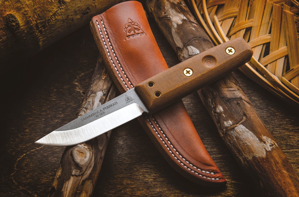 TOPS Tanimboca Puukko Fixed Blade Knife, 1095 Carbon, Micarta Tan, Leather Sheath, TPUK-01