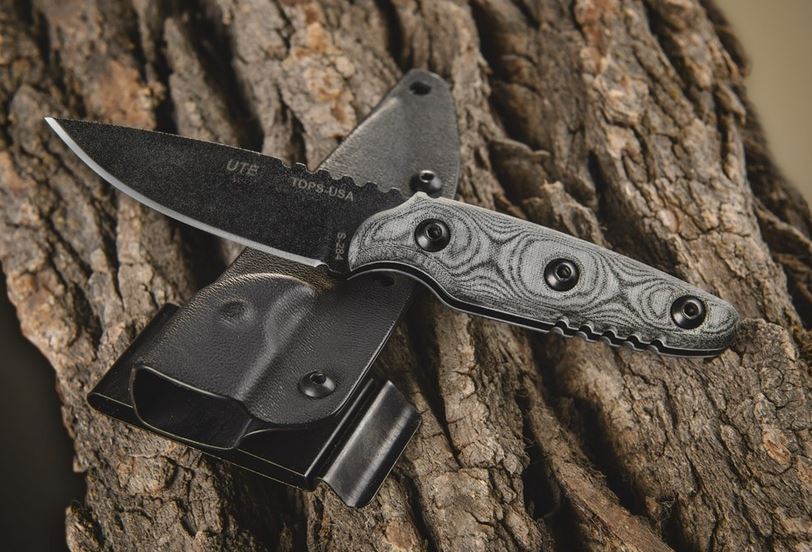 TOPS UTE #02 Fixed Blade Knife, 1095 Carbon, Micarta Handle, Kydex Sheath, UTE-02