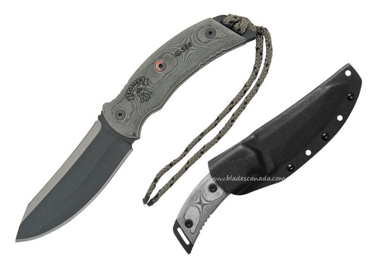 TOPS Loner Fixed Blade Knife, 1095 Black, Micarta Black, Kydex Sheath, TPL01