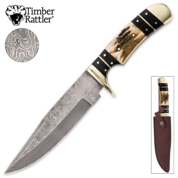 Timber Rattler Colorado Hunter Damascus w/Leather Sheath
