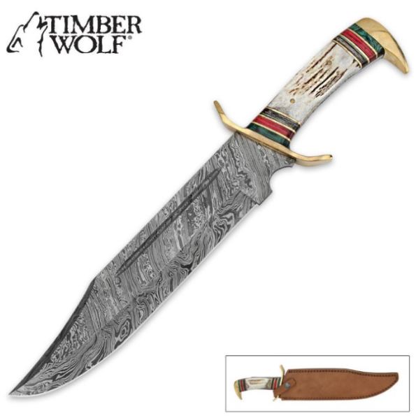Timber Wolf Stag with Damascus Blade Bowie Knife, TW429