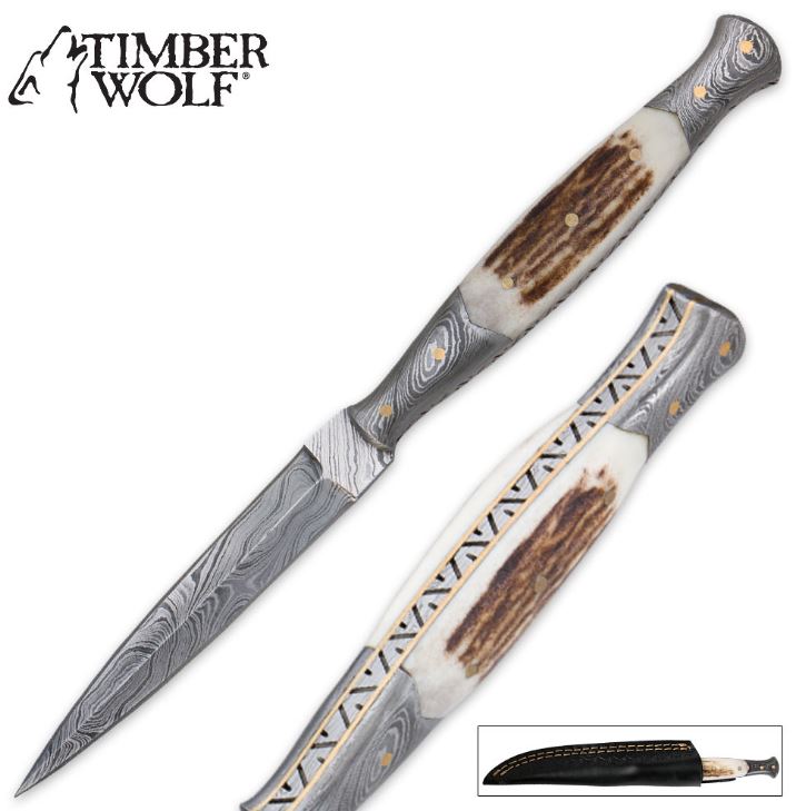 Timber Wolf File Worked Damascus Dagger w/Leather Sheath - Click Image to Close