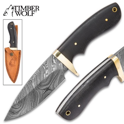 Timber Wolf Bear River Damascus Skinner w/ Leather Sheath TW554