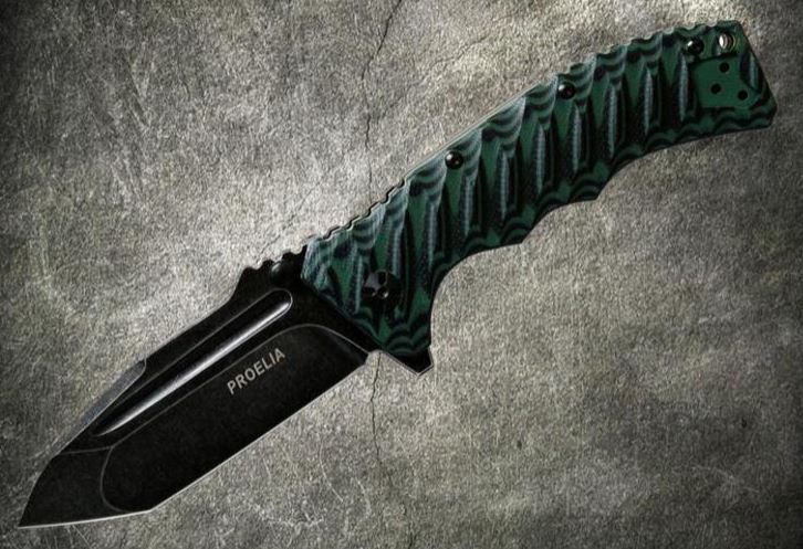 Proelia Folding Knife, D2 Tanto Black SW, G10 3D Green/Black, TX010GNB