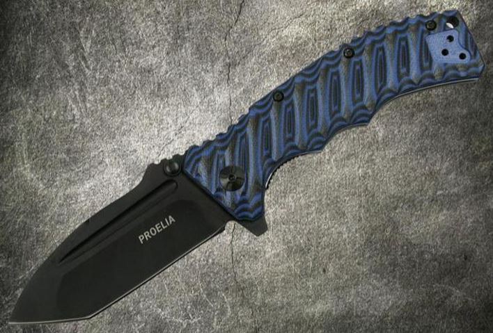 Proelia Folding Knife, D2 Tanto Black, G10 3D Blue/Black, TX010BLBK