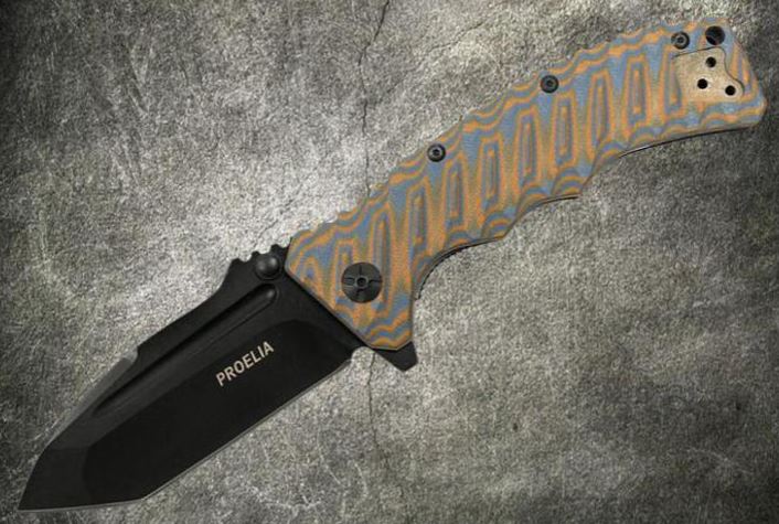 Proelia Folding Knife, D2 Tanto Black, G10 3D Orange/Grey, TX010BRBK