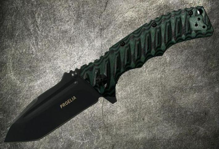 Proelia Folding Knife, D2 Tanto Black, G10 3D Green/Black, TX010GNBK - Click Image to Close