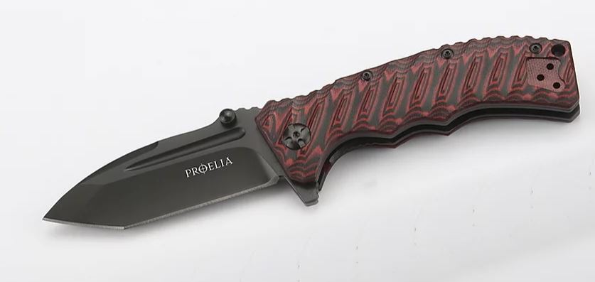 Proelia Folding Knife, D2 Tanto Black, G10 3D Red/Black, TX011RBK