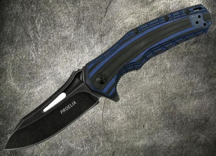 Proelia Folding Knife, D2 Black SW, G10 3D Blue/Black, TX020BLB