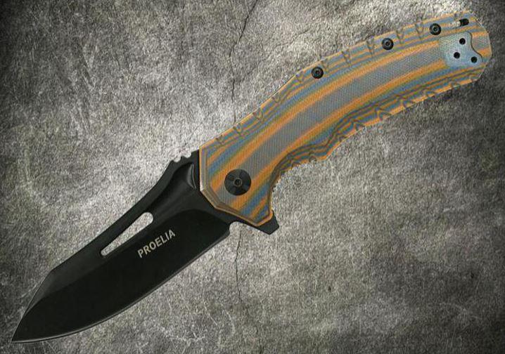 Proelia Folding Knife, D2 Black, G10 3D Orange/Gray, TX020BRBK - Click Image to Close