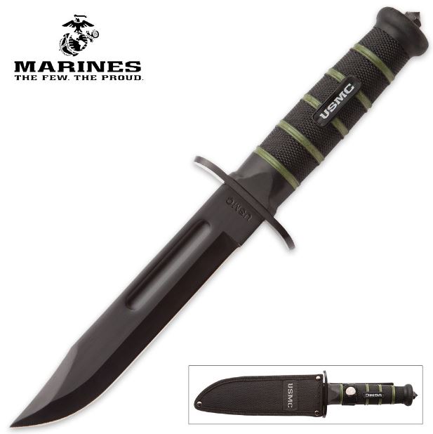 UC USMC Blackout Combat Fighter Fixed Blade Knife, Glass Breaker, Nylon Sheath, UC3156 - Click Image to Close