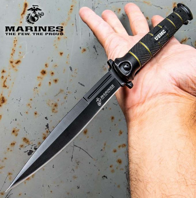 UC USMC Colossal Blackout Stiletto Folding Knife, Assisted Opening, UC3233 - Click Image to Close