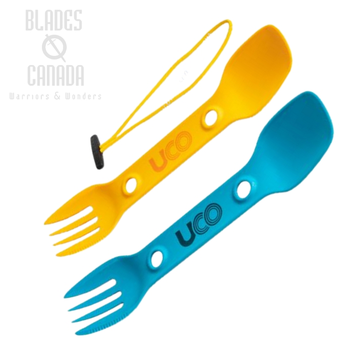 UCO Utility Spork, 2 Pack with Tether, Gold/Sky Blue (image for) UCO Utility Spork, 2 Pack with Tether, Gold/Sky Blue