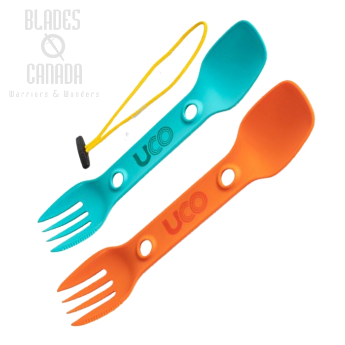 (image for) UCO Utility Spork, 2 Pack with Tether, Teal/EmberOrg, F-SP-UT-2PK TEALEMBER
