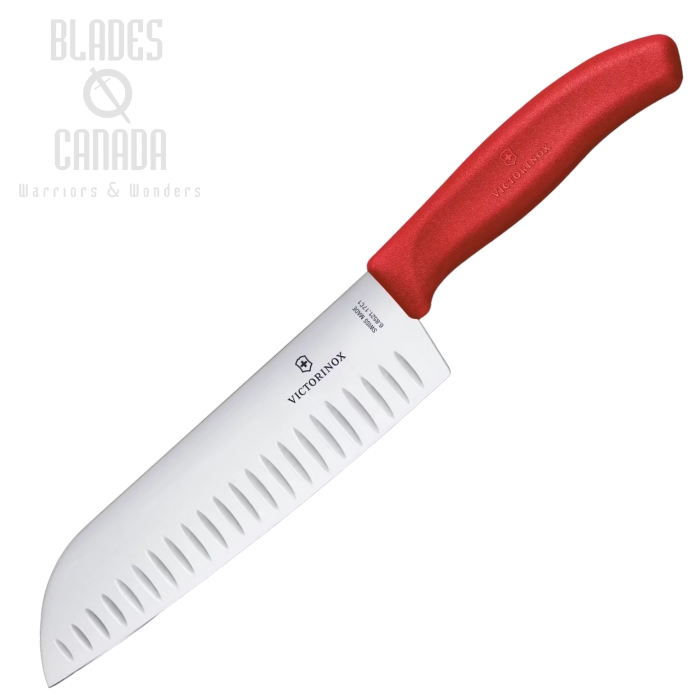 Victorinox Swiss Classic Santoku Kitchen Knife, Fluted Edge, Red Handle