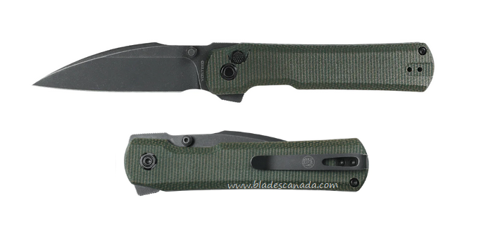 Vosteed Valkyrie Flipper Button Lock Folding Knife, Nitro-V Black SW Seax, Micarta Green, VK32NPMN1