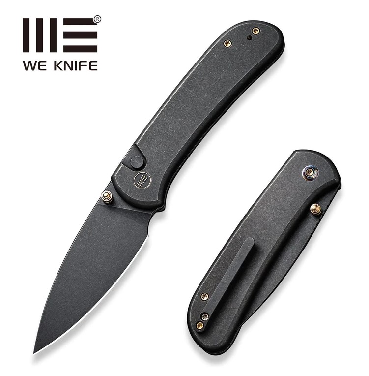 WE Knife Qubit Button Lock Folding Knife, Black SW CPM 20CV, Black SW Titanium, 22030F-1