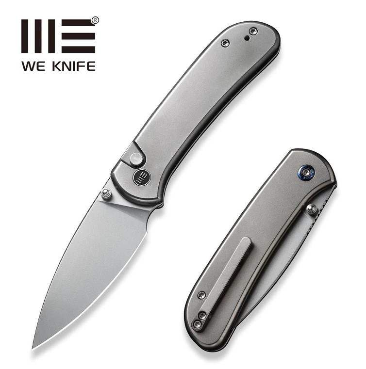 WE Knife Qubit Button Lock Folding Knife, CPM 20CV, Titanium Bead Blasted, 22030F-2