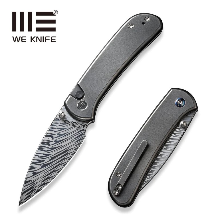 WE Knife Qubit Button Lock Folding Knife, Fafnir Damasteel, Textured Titanium, 22030F-DS1