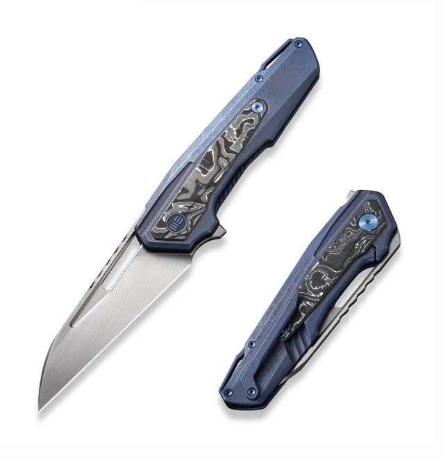 WE Knife Falcaria Flipper Framelock Knife, CPM 20CV Satin, Titanium Blue/Foil CF, WE23012B-3