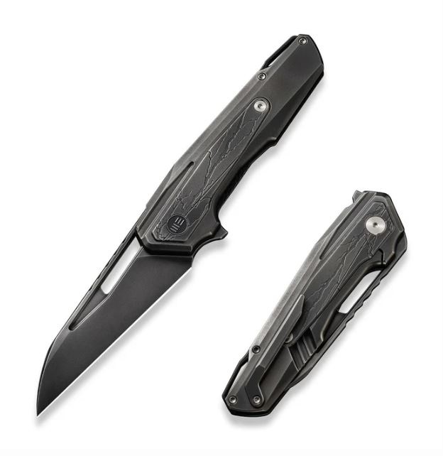 WE Knife Falcaria Flipper Framelock Knife, CPM 20CV Gray, Etched Titanium, WE23012B-4