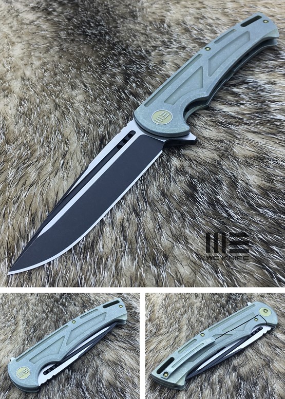 WE Knife 614C Flipper Framelock Knife, M390 Black, Titanium Green