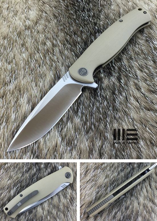 We Knife 703D Flipper Folding Knife, D2 Satin, G10 Tan